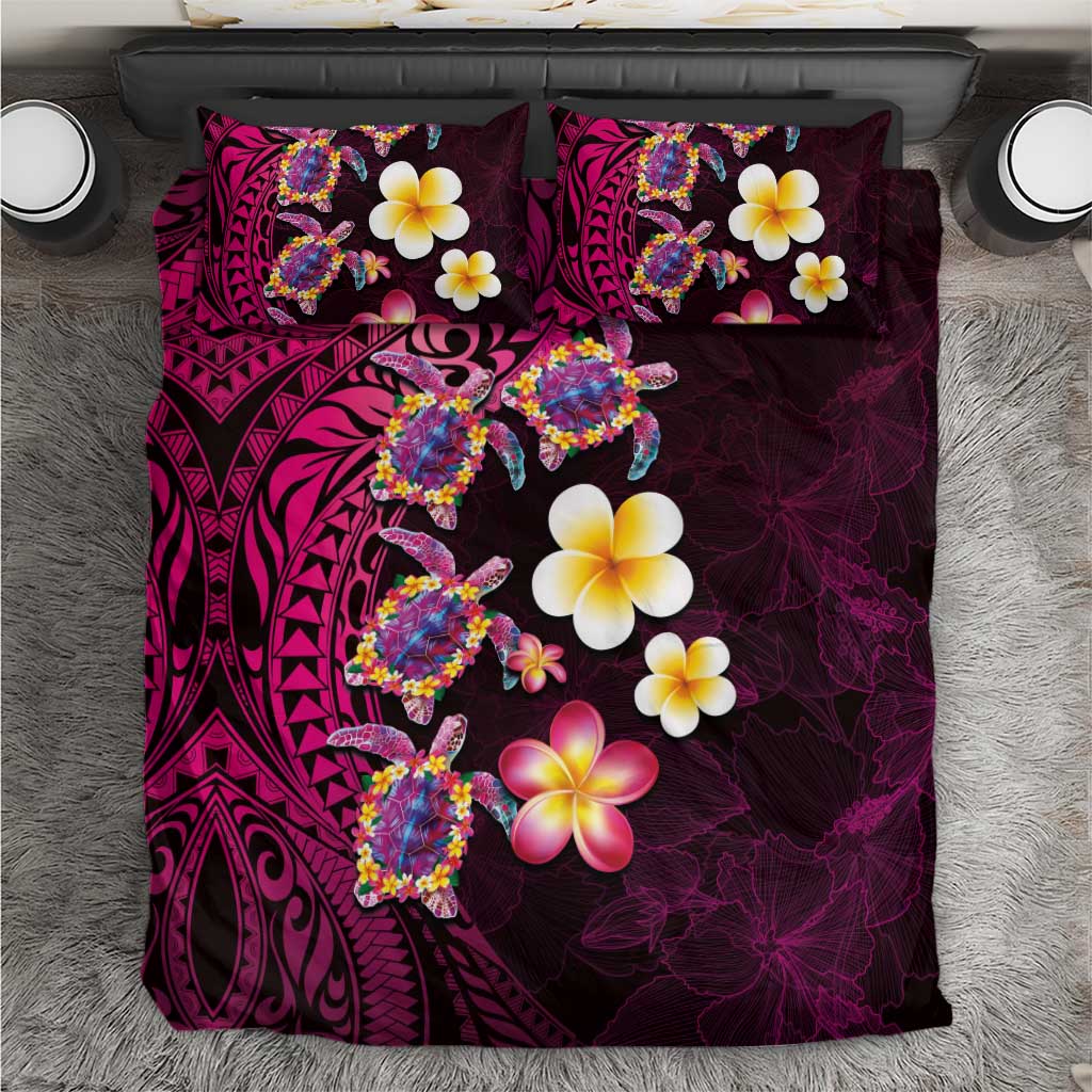 Hawaiian Turtles and Plumeria Bedding Set Polynesian Art Tribal Tattoo Cerise LT03 Pink - Polynesian Pride