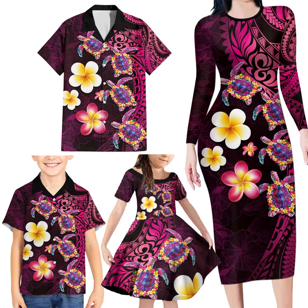 Hawaiian Turtles and Plumeria Family Matching Long Sleeve Bodycon Dress and Hawaiian Shirt Polynesian Art Tribal Tattoo Cerise