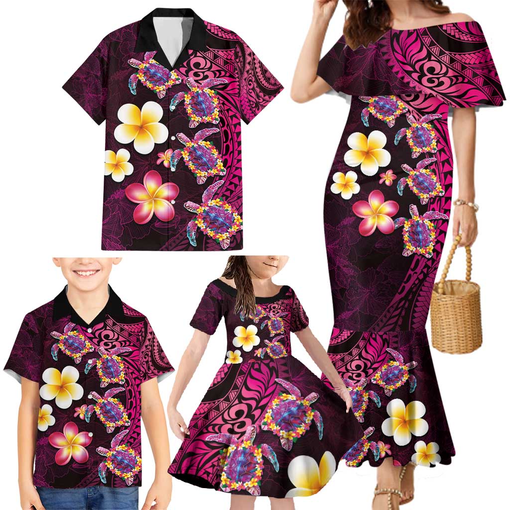 Hawaiian Turtles and Plumeria Family Matching Mermaid Dress and Hawaiian Shirt Polynesian Art Tribal Tattoo Cerise