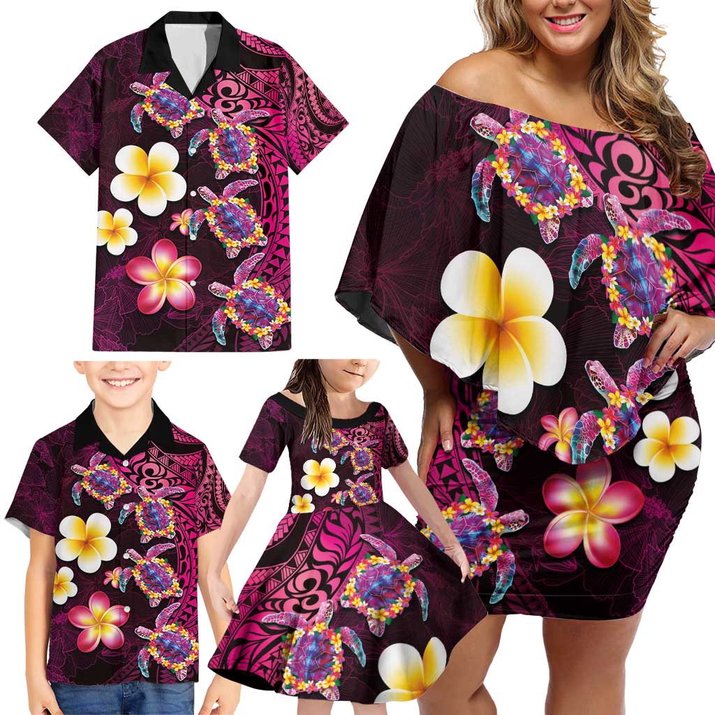 Hawaiian Turtles and Plumeria Family Matching Off Shoulder Short Dress and Hawaiian Shirt Polynesian Art Tribal Tattoo Cerise