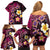 Hawaiian Turtles and Plumeria Family Matching Off Shoulder Short Dress and Hawaiian Shirt Polynesian Art Tribal Tattoo Cerise