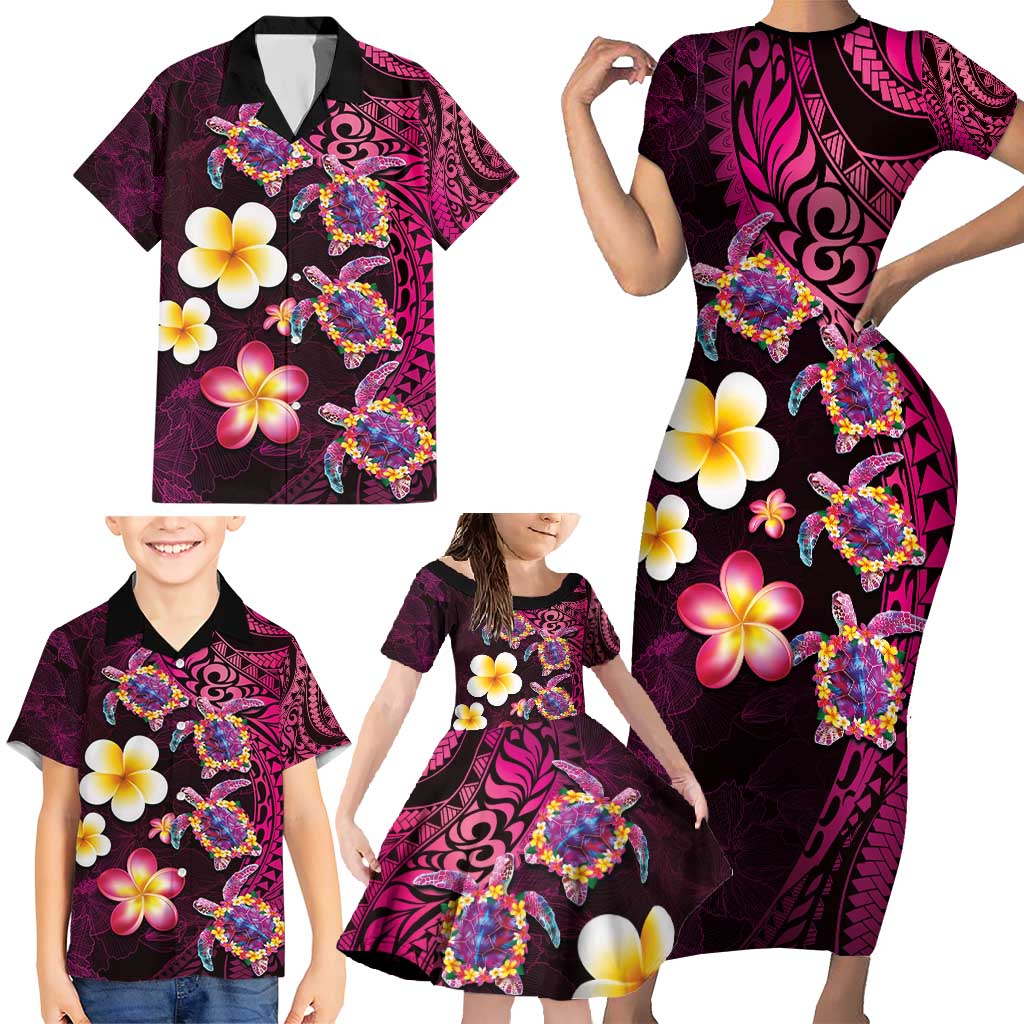 Hawaiian Turtles and Plumeria Family Matching Short Sleeve Bodycon Dress and Hawaiian Shirt Polynesian Art Tribal Tattoo Cerise