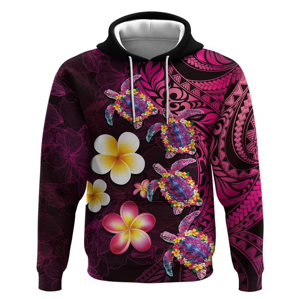 Hawaiian Turtles and Plumeria Hoodie Polynesian Art Tribal Tattoo Cerise