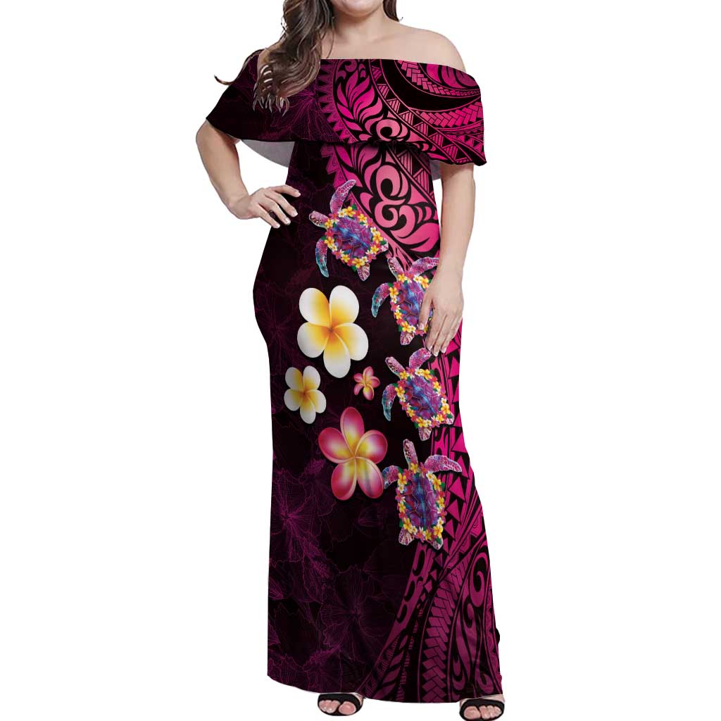 Hawaiian Turtles and Plumeria Off Shoulder Maxi Dress Polynesian Art Tribal Tattoo Cerise LT03 Women Pink - Polynesian Pride