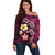 Hawaiian Turtles and Plumeria Off Shoulder Sweater Polynesian Art Tribal Tattoo Cerise