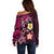 Hawaiian Turtles and Plumeria Off Shoulder Sweater Polynesian Art Tribal Tattoo Cerise