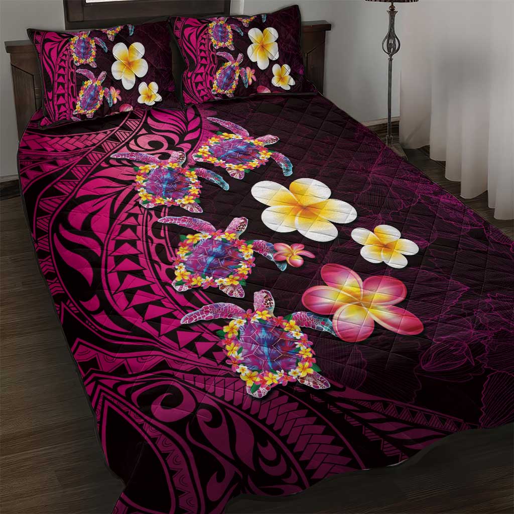 Hawaiian Turtles and Plumeria Quilt Bed Set Polynesian Art Tribal Tattoo Cerise LT03 Pink - Polynesian Pride