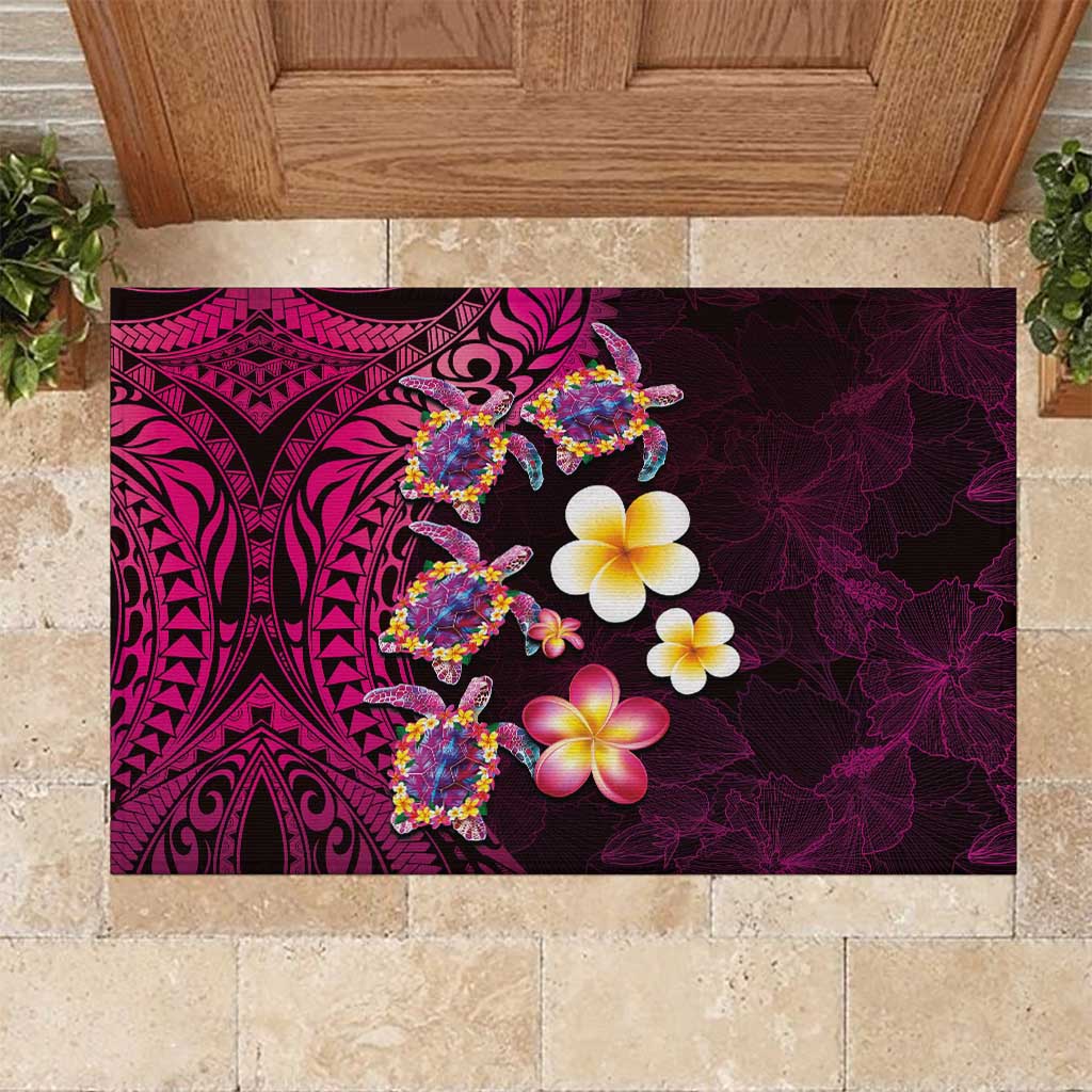 Hawaiian Turtles and Plumeria Rubber Doormat Polynesian Art Tribal Tattoo Cerise LT03 Pink - Polynesian Pride