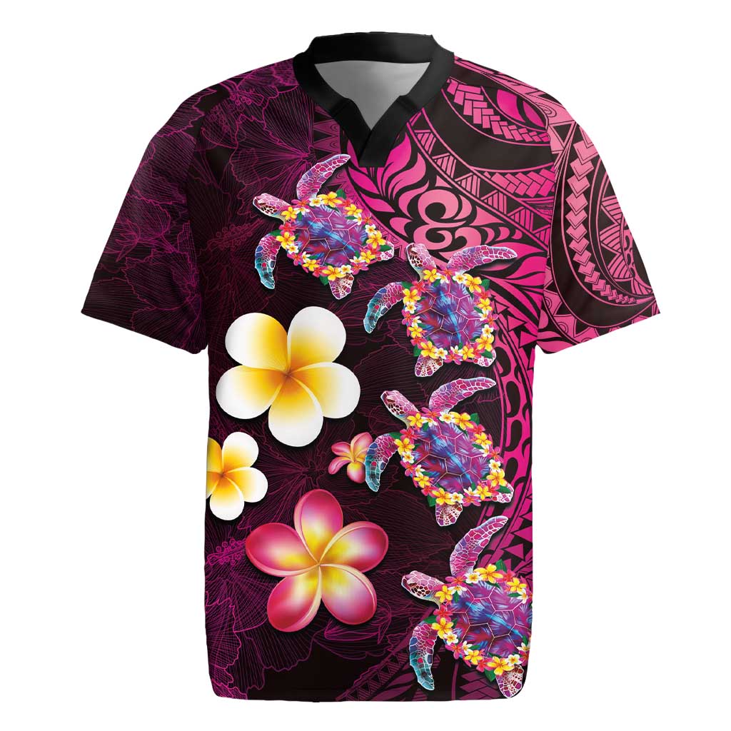 Hawaiian Turtles and Plumeria Rugby Jersey Polynesian Art Tribal Tattoo Cerise LT03 Pink - Polynesian Pride
