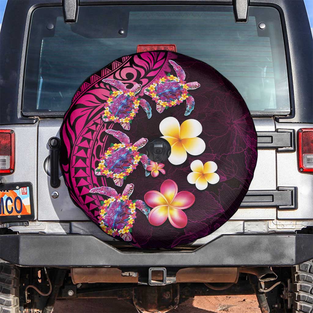 Hawaiian Turtles and Plumeria Spare Tire Cover Polynesian Art Tribal Tattoo Cerise