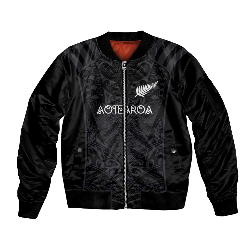 Custom Aotearoa Rugby Sleeve Zip Bomber Jacket The Blacks-Sporty T90 Style LT03 Unisex Black - Polynesian Pride