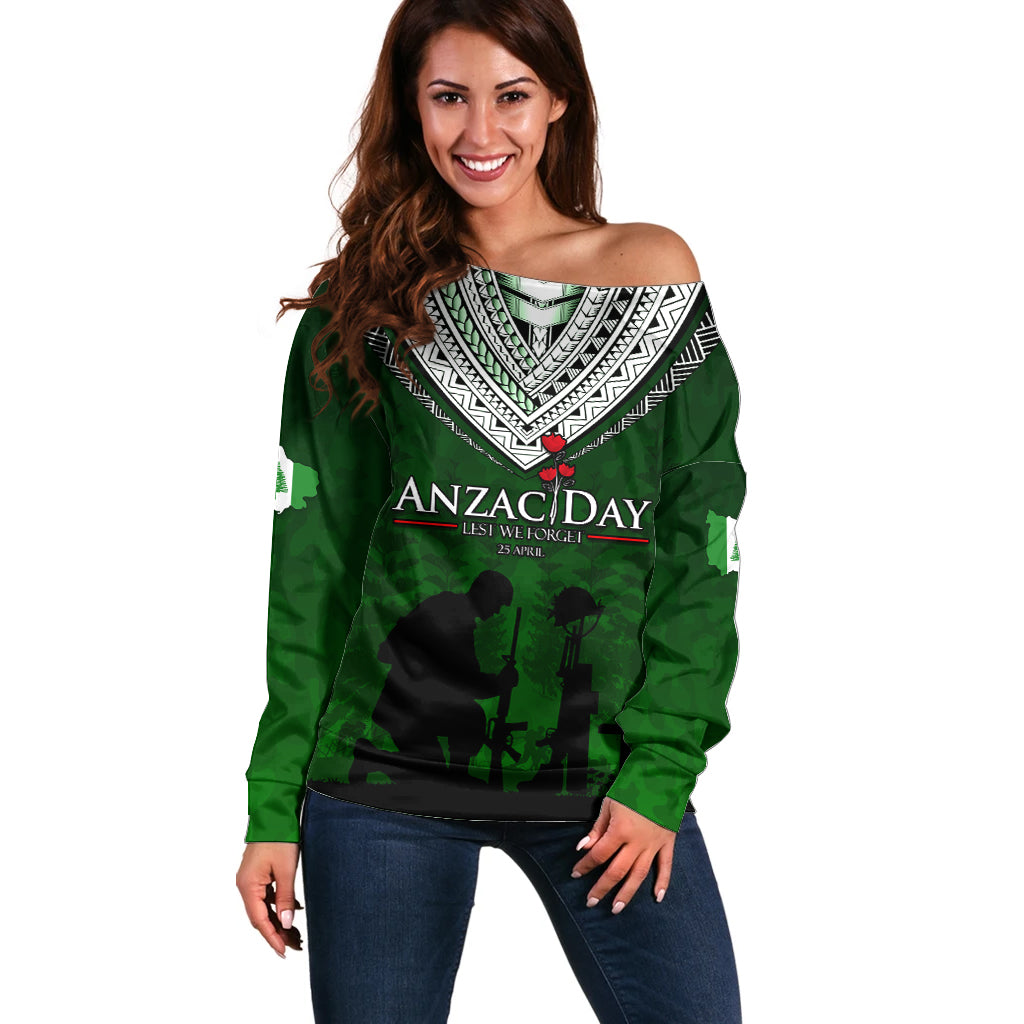 Norfolk Island ANZAC Day Off Shoulder Sweater Soldier Lest We Forget Camouflage LT03 Women Green - Polynesian Pride
