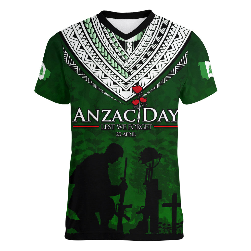 Norfolk Island ANZAC Day Women V Neck T Shirt Soldier Lest We Forget Camouflage LT03 Female Green - Polynesian Pride