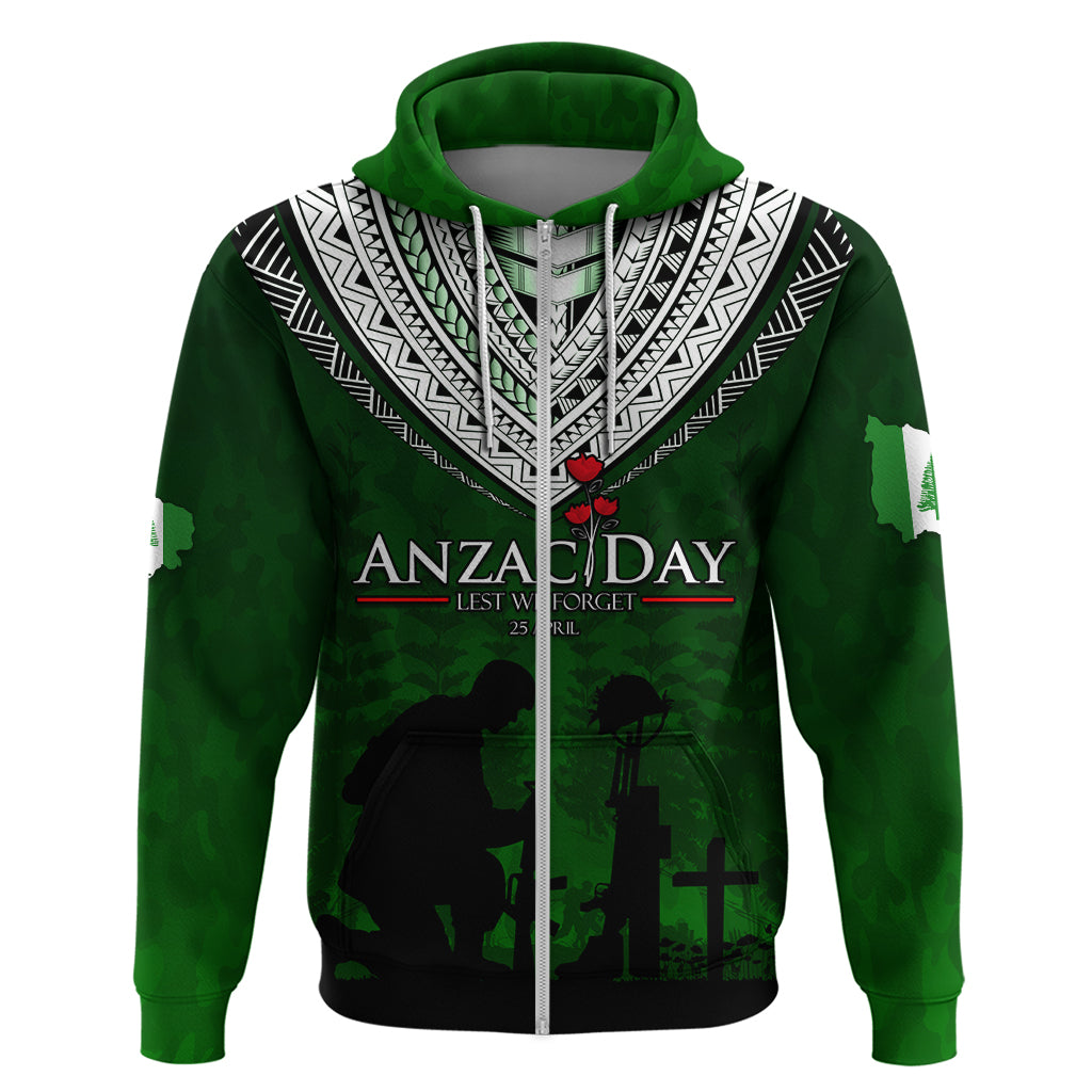 Norfolk Island ANZAC Day Zip Hoodie Soldier Lest We Forget Camouflage LT03 Zip Hoodie Green - Polynesian Pride
