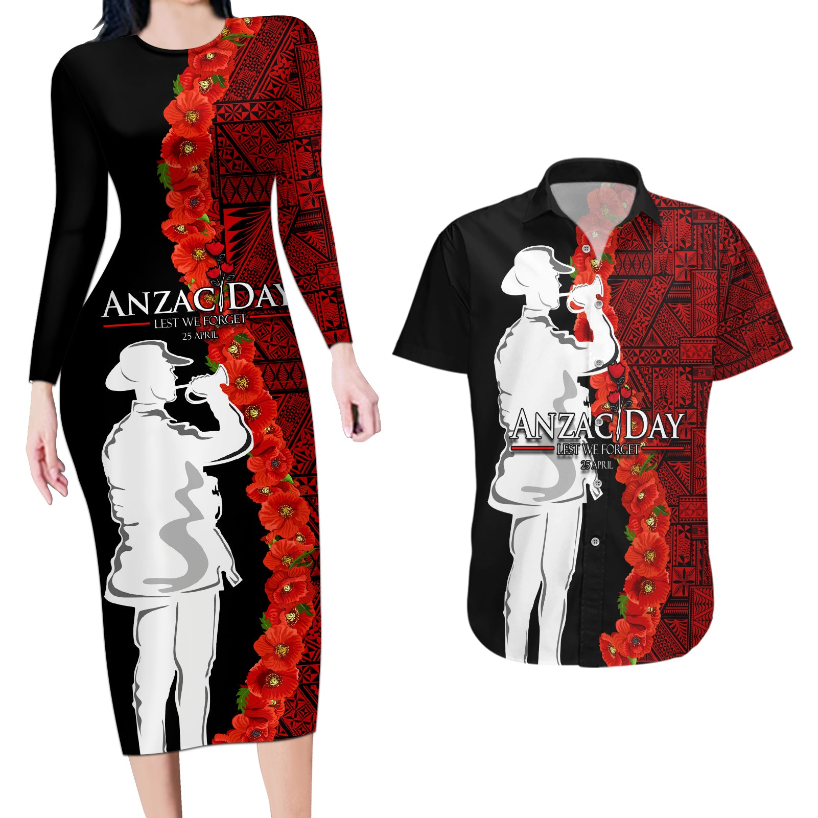 Tonga ANZAC Day Couples Matching Long Sleeve Bodycon Dress and Hawaiian Shirt Red Poppies Flower Soldier Lest We Forget LT03 Red - Polynesian Pride