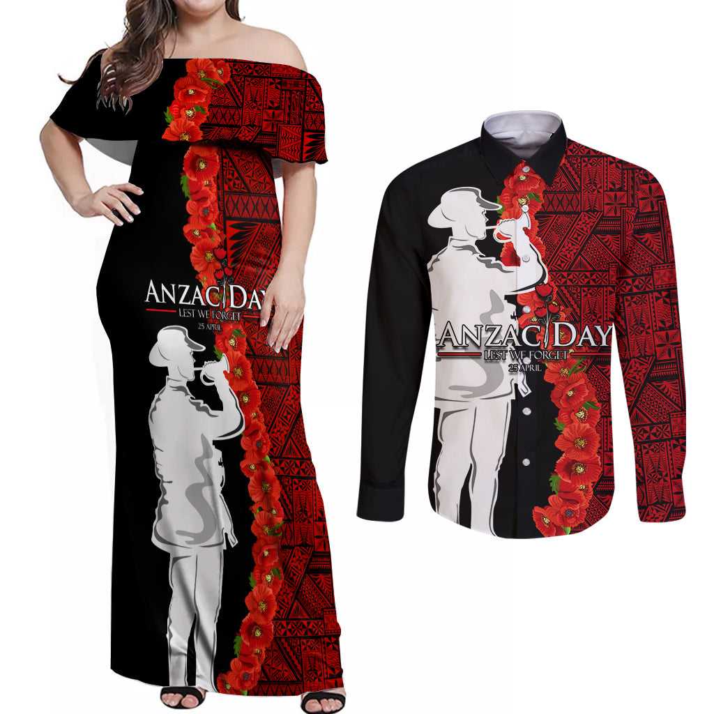 Tonga ANZAC Day Couples Matching Off Shoulder Maxi Dress and Long Sleeve Button Shirt Red Poppies Flower Soldier Lest We Forget LT03 Red - Polynesian Pride