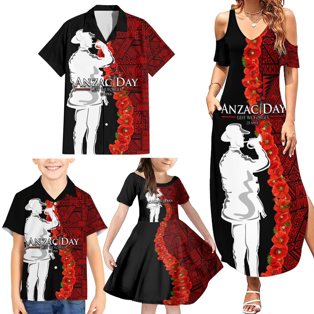 Tonga ANZAC Day Family Matching Summer Maxi Dress and Hawaiian Shirt Red Poppies Flower Soldier Lest We Forget LT03 - Polynesian Pride