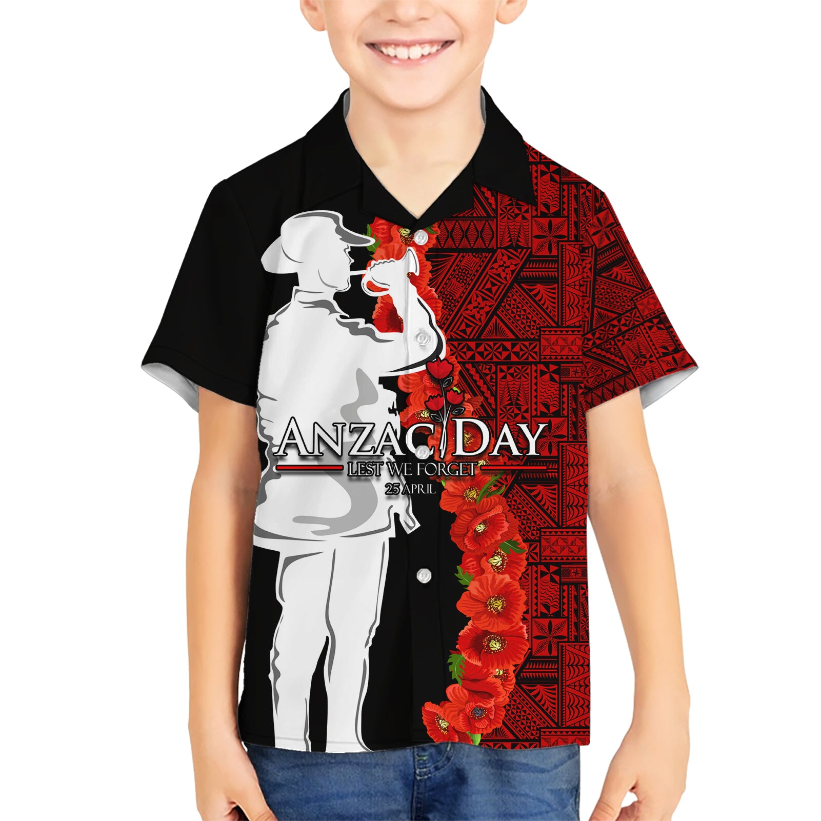 Tonga ANZAC Day Kid Hawaiian Shirt Red Poppies Flower Soldier Lest We Forget LT03 Kid Red - Polynesian Pride