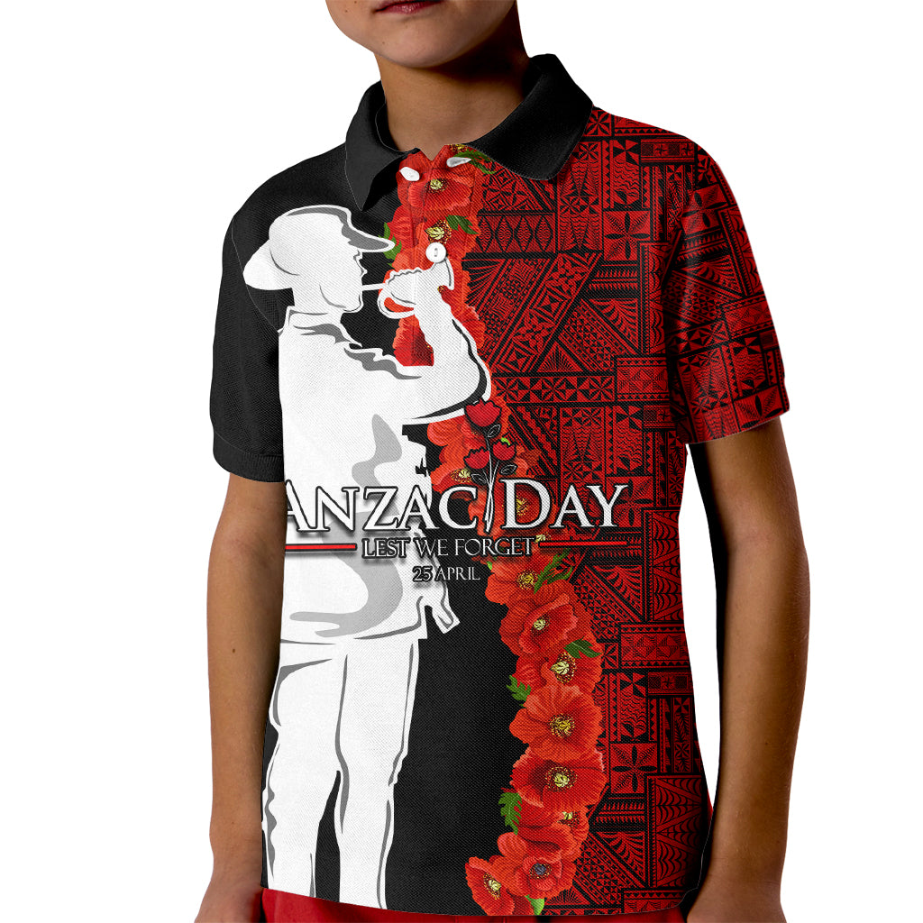 Tonga ANZAC Day Kid Polo Shirt Red Poppies Flower Soldier Lest We Forget LT03 Kid Red - Polynesian Pride