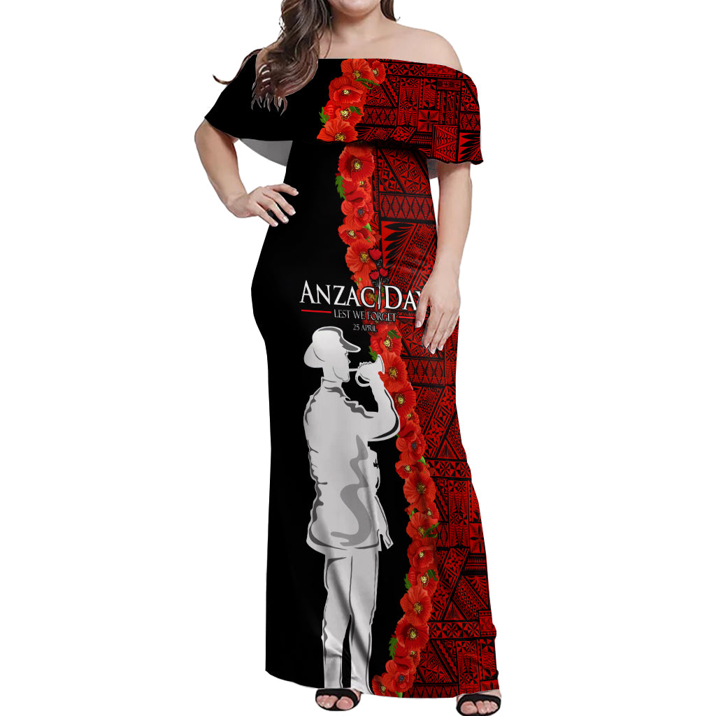 Tonga ANZAC Day Off Shoulder Maxi Dress Red Poppies Flower Soldier Lest We Forget LT03 Women Red - Polynesian Pride