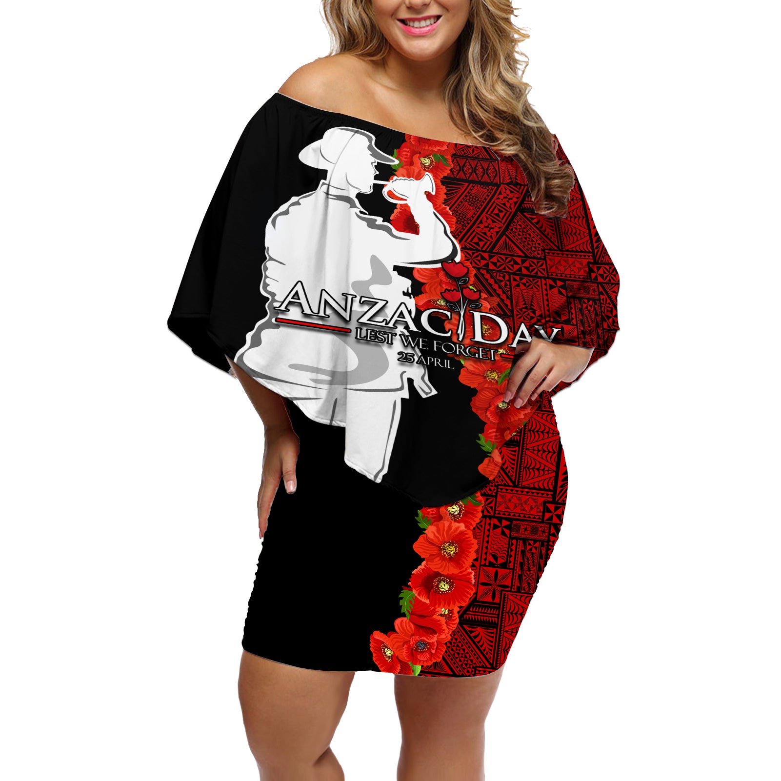 Tonga ANZAC Day Off Shoulder Short Dress Red Poppies Flower Soldier Lest We Forget LT03 Women Red - Polynesian Pride