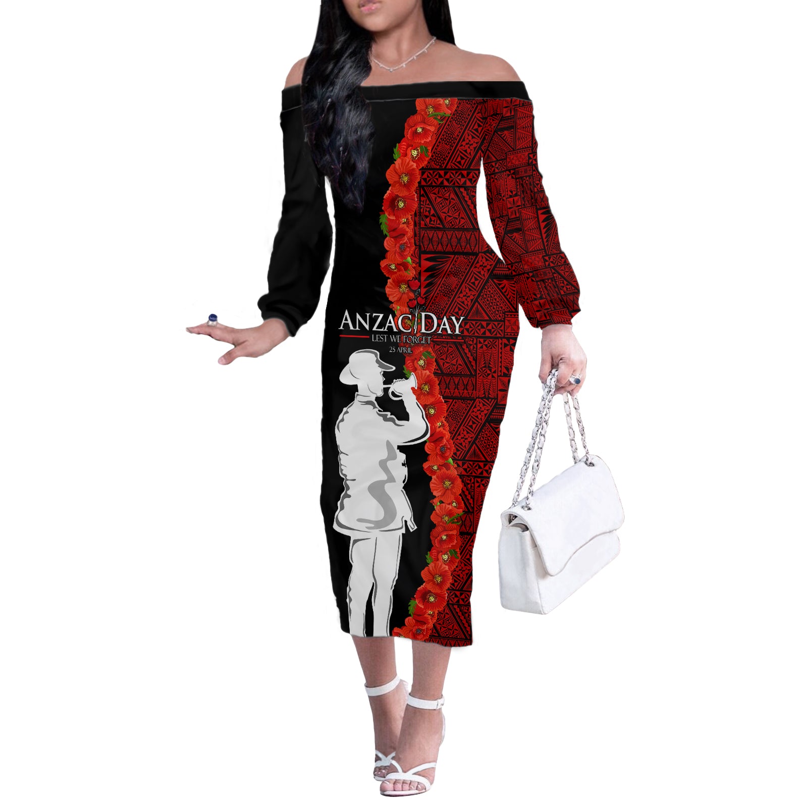 Tonga ANZAC Day Off The Shoulder Long Sleeve Dress Red Poppies Flower Soldier Lest We Forget LT03 Women Red - Polynesian Pride