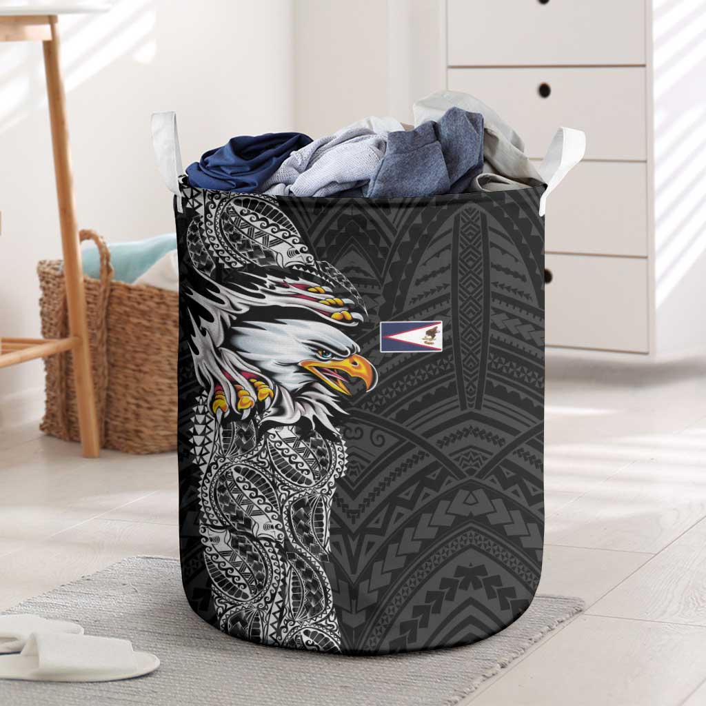 American Samoa Flag Day Laundry Basket Tribal Tattoo with Eagle Black LT03 Black - Polynesian Pride
