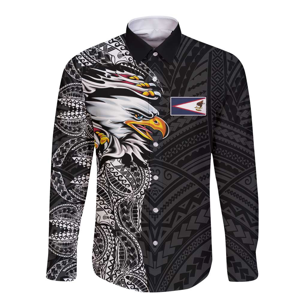 American Samoa Flag Day Long Sleeve Button Shirt Tribal Tattoo with Eagle Black LT03 Unisex Black - Polynesian Pride
