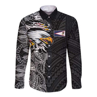 American Samoa Flag Day Long Sleeve Button Shirt Tribal Tattoo with Eagle Black LT03 Unisex Black - Polynesian Pride