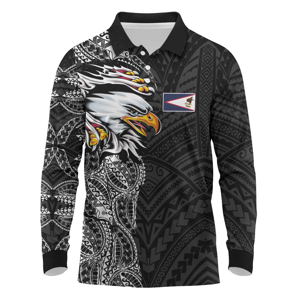 American Samoa Flag Day Long Sleeve Polo Shirt Tribal Tattoo with Eagle Black LT03 Black - Polynesian Pride