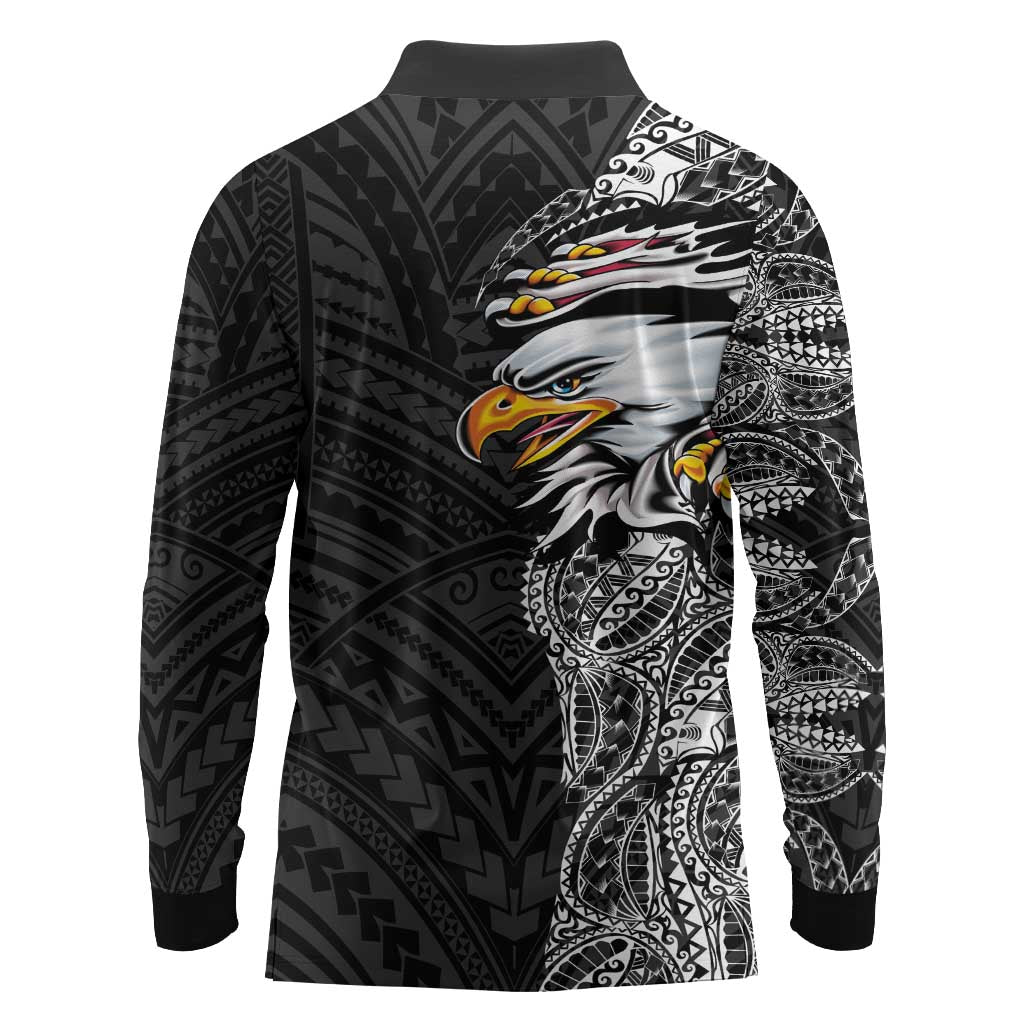 American Samoa Flag Day Long Sleeve Polo Shirt Tribal Tattoo with Eagle Black LT03 - Polynesian Pride