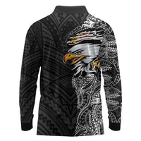 American Samoa Flag Day Long Sleeve Polo Shirt Tribal Tattoo with Eagle Black LT03 - Polynesian Pride