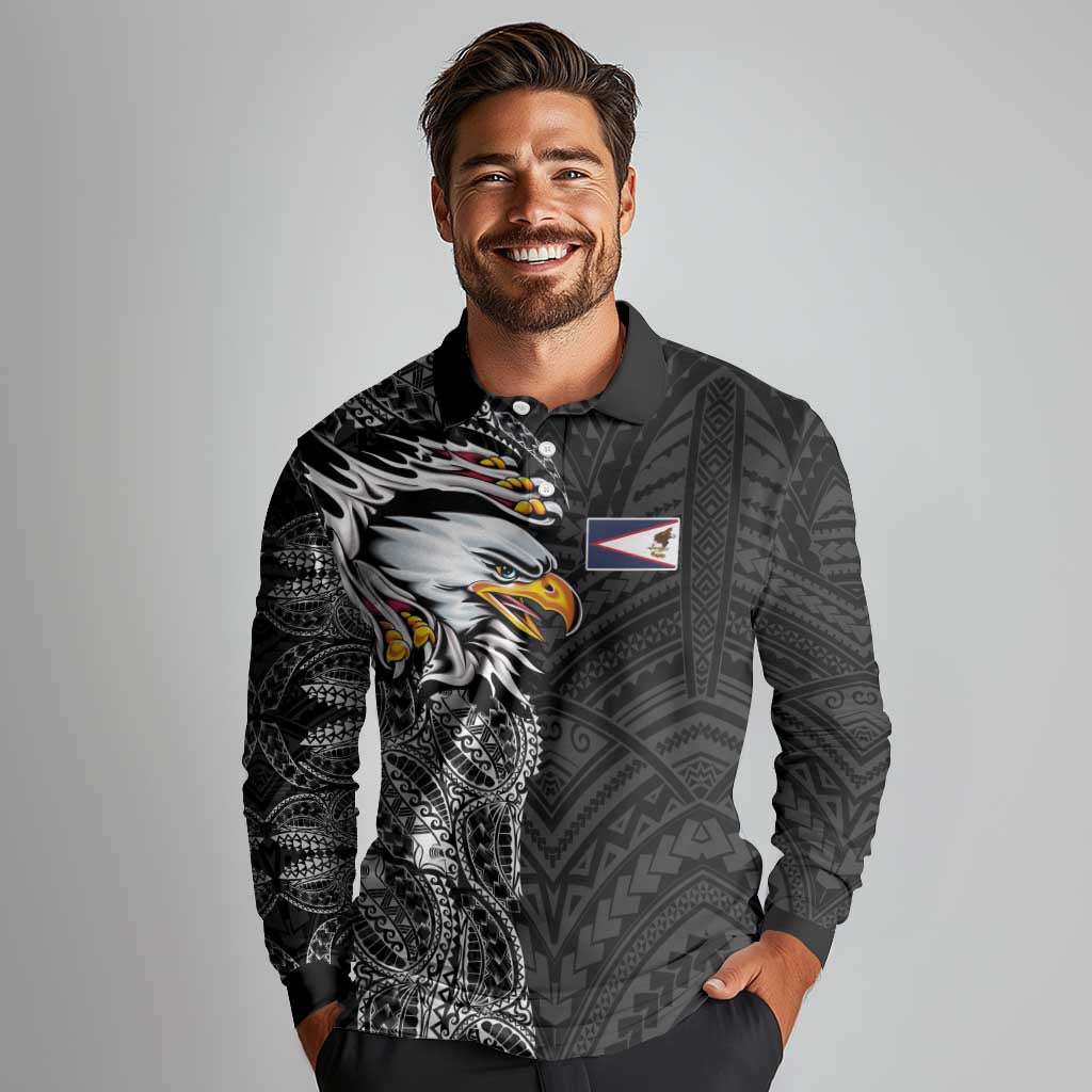 American Samoa Flag Day Long Sleeve Polo Shirt Tribal Tattoo with Eagle Black LT03 - Polynesian Pride