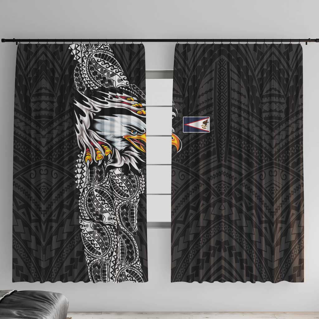 American Samoa Flag Day Window Curtain Tribal Tattoo with Eagle Black LT03 With Hooks Black - Polynesian Pride