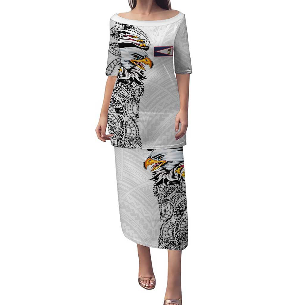 American Samoa Flag Day Puletasi Tribal Tattoo with Eagle White LT03 Long Dress White - Polynesian Pride