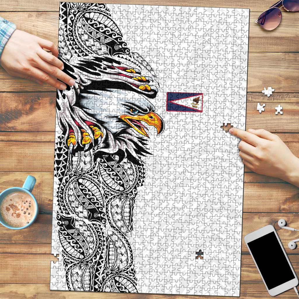 American Samoa Flag Day Puzzle Tribal Tattoo with Eagle White LT03 White - Polynesian Pride