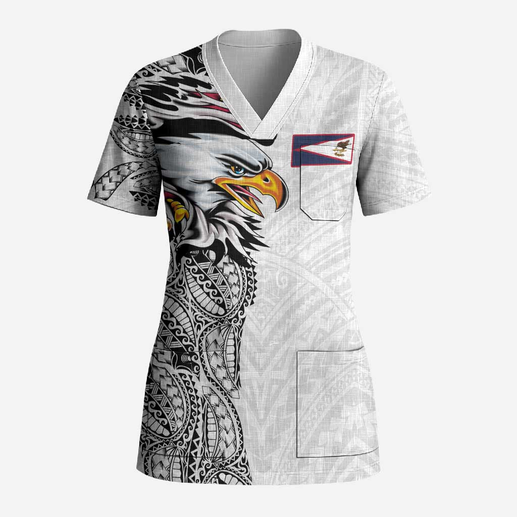 American Samoa Flag Day Scrub Top Tribal Tattoo with Eagle White LT03 Adult White - Polynesian Pride
