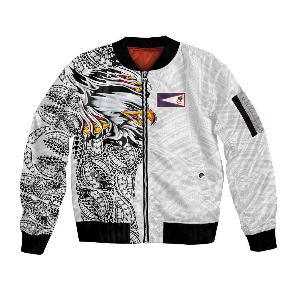 American Samoa Flag Day Sleeve Zip Bomber Jacket Tribal Tattoo with Eagle White LT03 Unisex White - Polynesian Pride