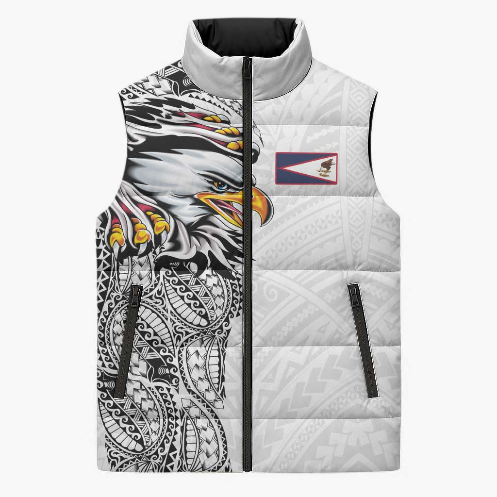 American Samoa Flag Day Sleeveless Puffer Jacket Tribal Tattoo with Eagle White LT03 Unisex White - Polynesian Pride