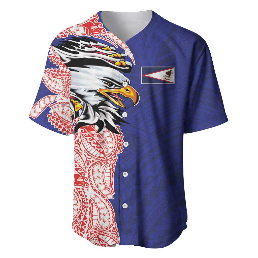 American Samoa Flag Day Baseball Jersey Tribal Tattoo with Eagle Blue-Red LT03 Blue - Polynesian Pride