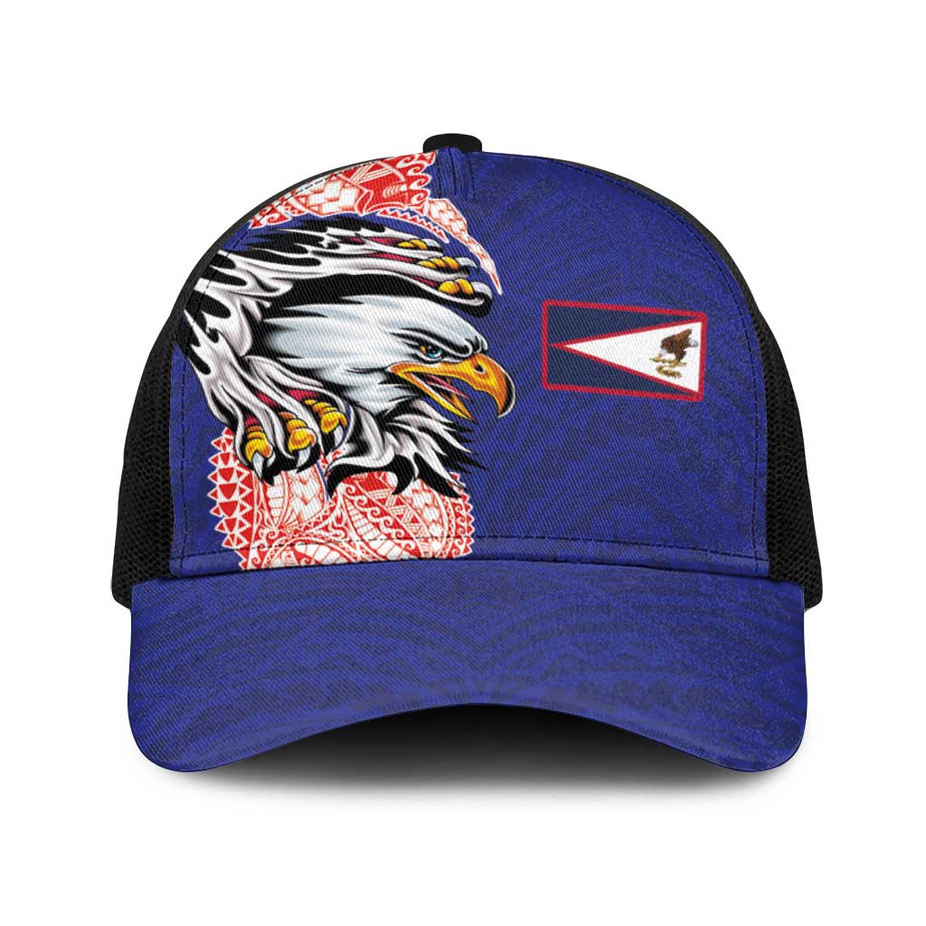 American Samoa Flag Day Baseball Net Cap Tribal Tattoo with Eagle Blue-Red LT03 One Size Black Blue - Polynesian Pride