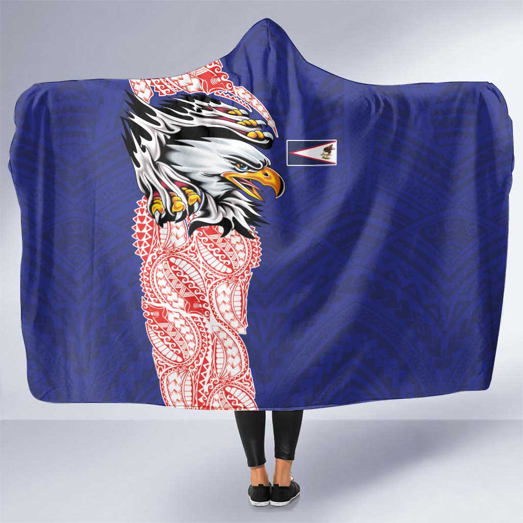 American Samoa Flag Day Hooded Blanket Tribal Tattoo with Eagle Blue-Red LT03 One Size Blue - Polynesian Pride