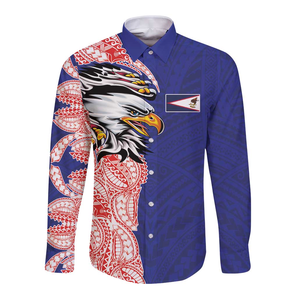 American Samoa Flag Day Long Sleeve Button Shirt Tribal Tattoo with Eagle Blue-Red LT03 Unisex Blue - Polynesian Pride
