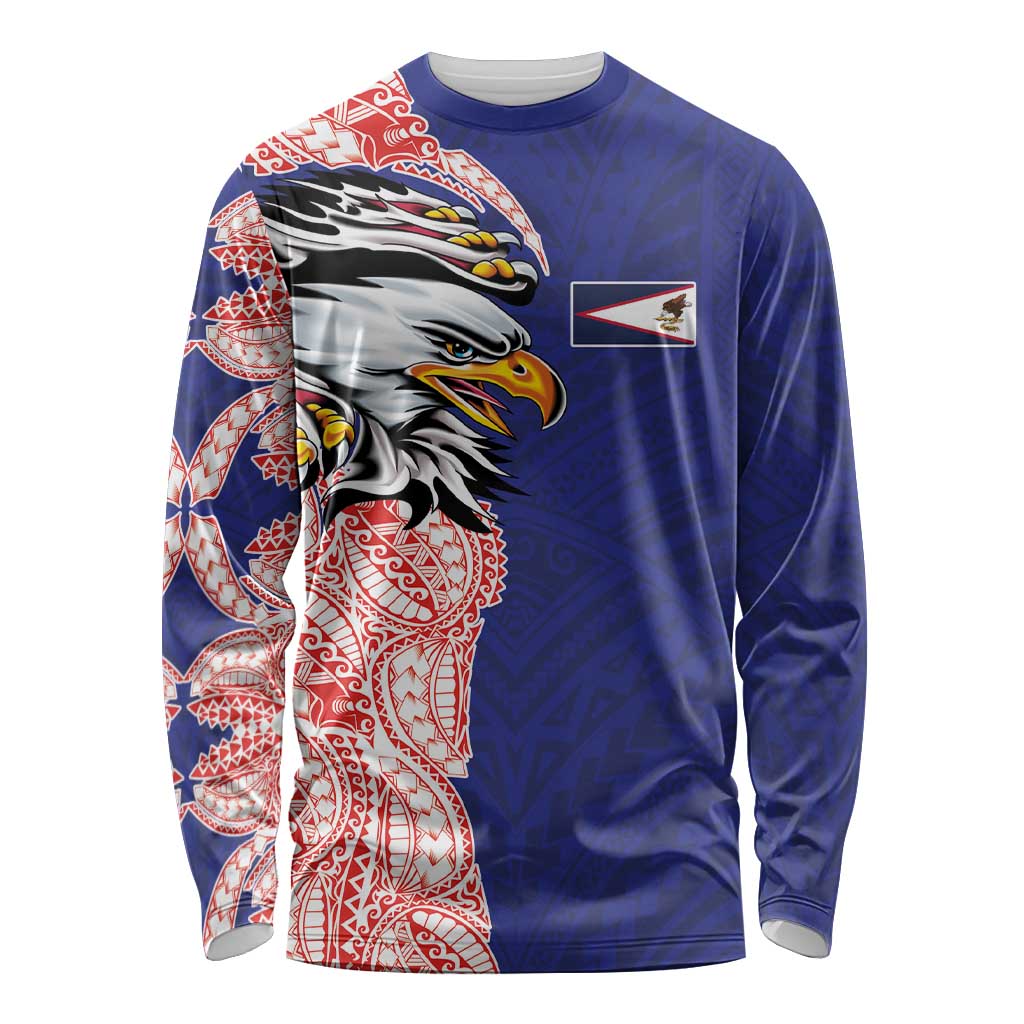 American Samoa Flag Day Long Sleeve Shirt Tribal Tattoo with Eagle Blue-Red LT03 Unisex Blue - Polynesian Pride