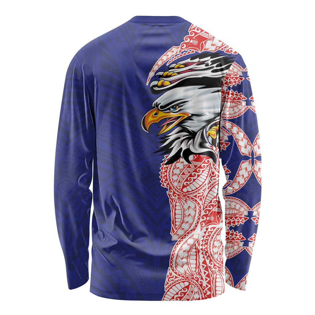 American Samoa Flag Day Long Sleeve Shirt Tribal Tattoo with Eagle Blue-Red LT03 - Polynesian Pride