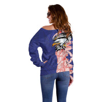 American Samoa Flag Day Off Shoulder Sweater Tribal Tattoo with Eagle Blue-Red LT03 - Polynesian Pride
