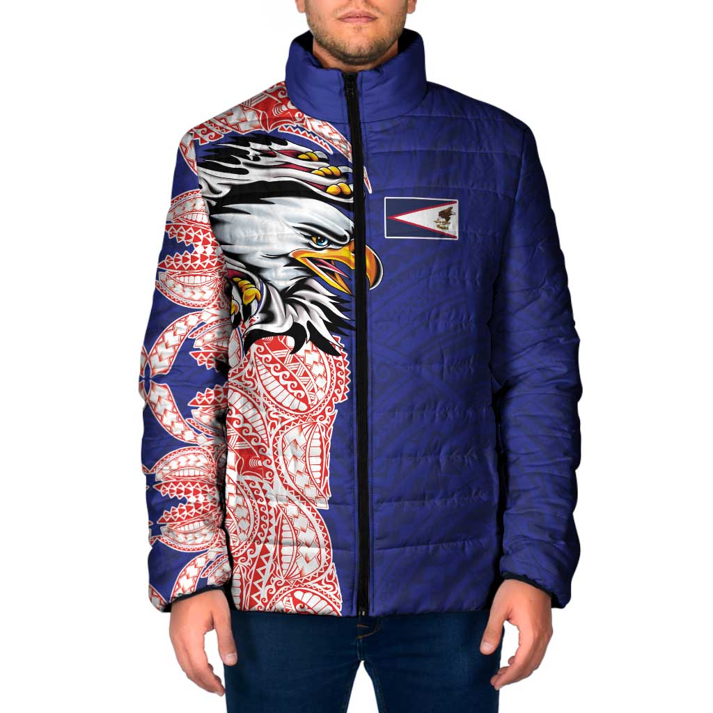 American Samoa Flag Day Padded Jacket Tribal Tattoo with Eagle Blue-Red LT03 Men Blue - Polynesian Pride