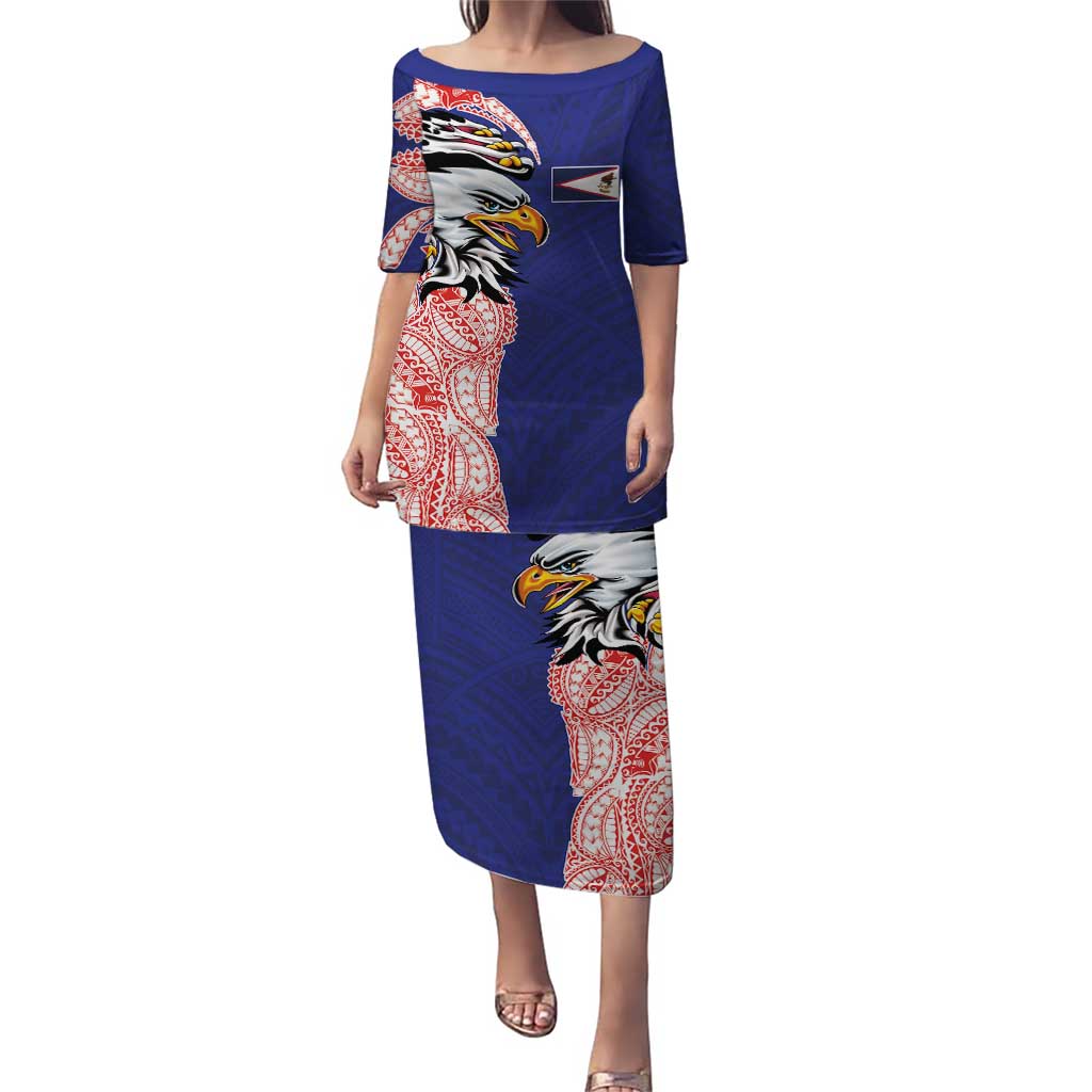 American Samoa Flag Day Puletasi Tribal Tattoo with Eagle Blue-Red LT03 Long Dress Blue - Polynesian Pride