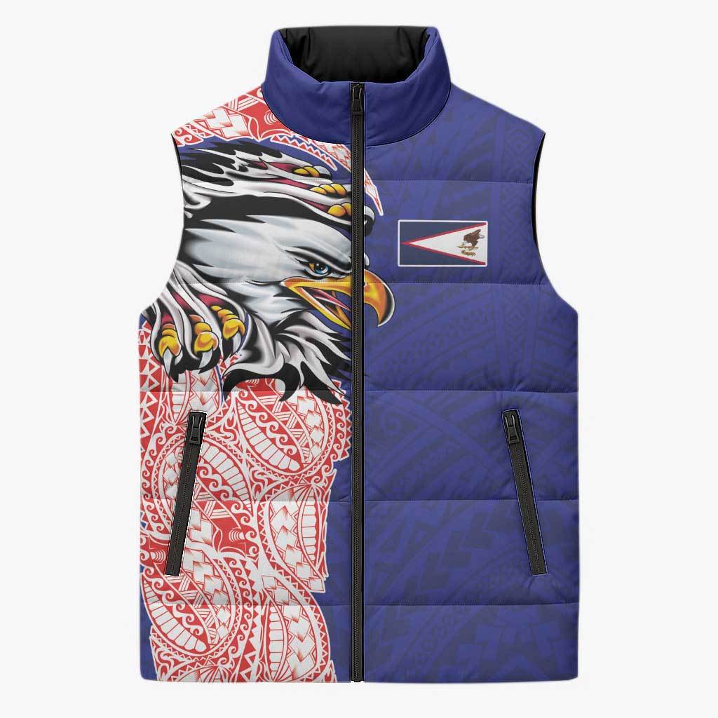 American Samoa Flag Day Sleeveless Puffer Jacket Tribal Tattoo with Eagle Blue-Red LT03 Unisex Blue - Polynesian Pride