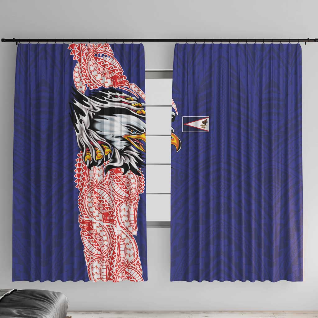 American Samoa Flag Day Window Curtain Tribal Tattoo with Eagle Blue-Red LT03 With Hooks Blue - Polynesian Pride